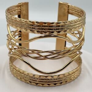 Vintage Gold Tone Textured Wire Statement Cuff Bracelet Gladiator Wide Bangle